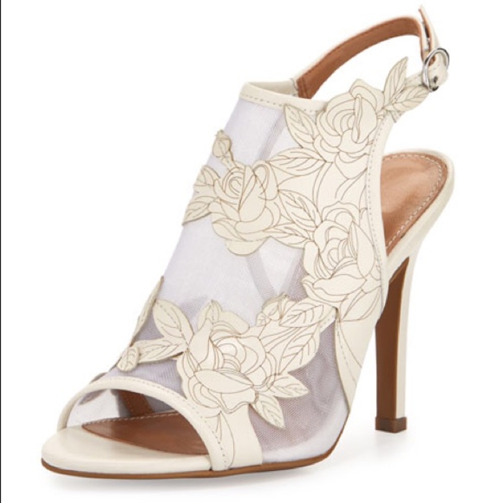 Kay Unger White Floral Leather/Mesh Heeled Sandal
